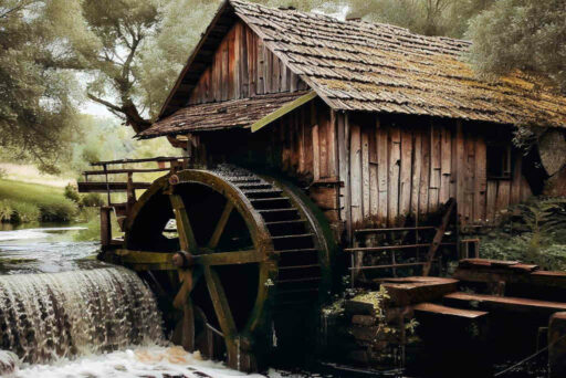 Cette image présente un vieux moulin à eau situé au bord d'un petit ruisseau, entouré d'un dôme d'arbres verdoyants. La roue à aubes du moulin est en action, tournant grâce à la force de l'eau qui s'écoule du ruisseau